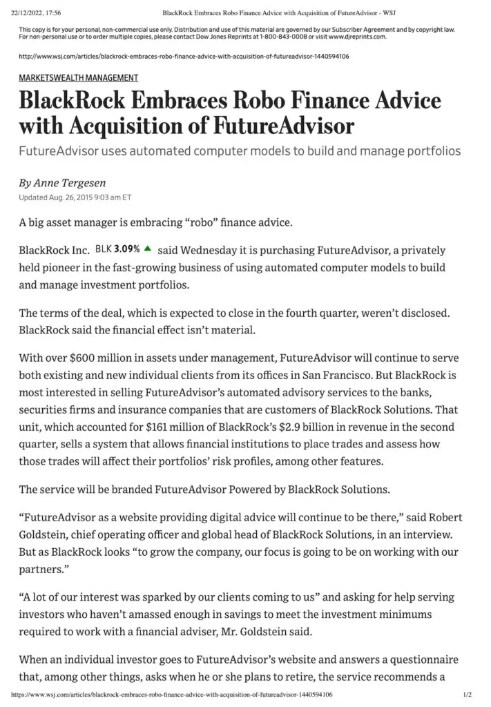 BlackRock, United States Acquires FutureAdvisor. Post from WSJ